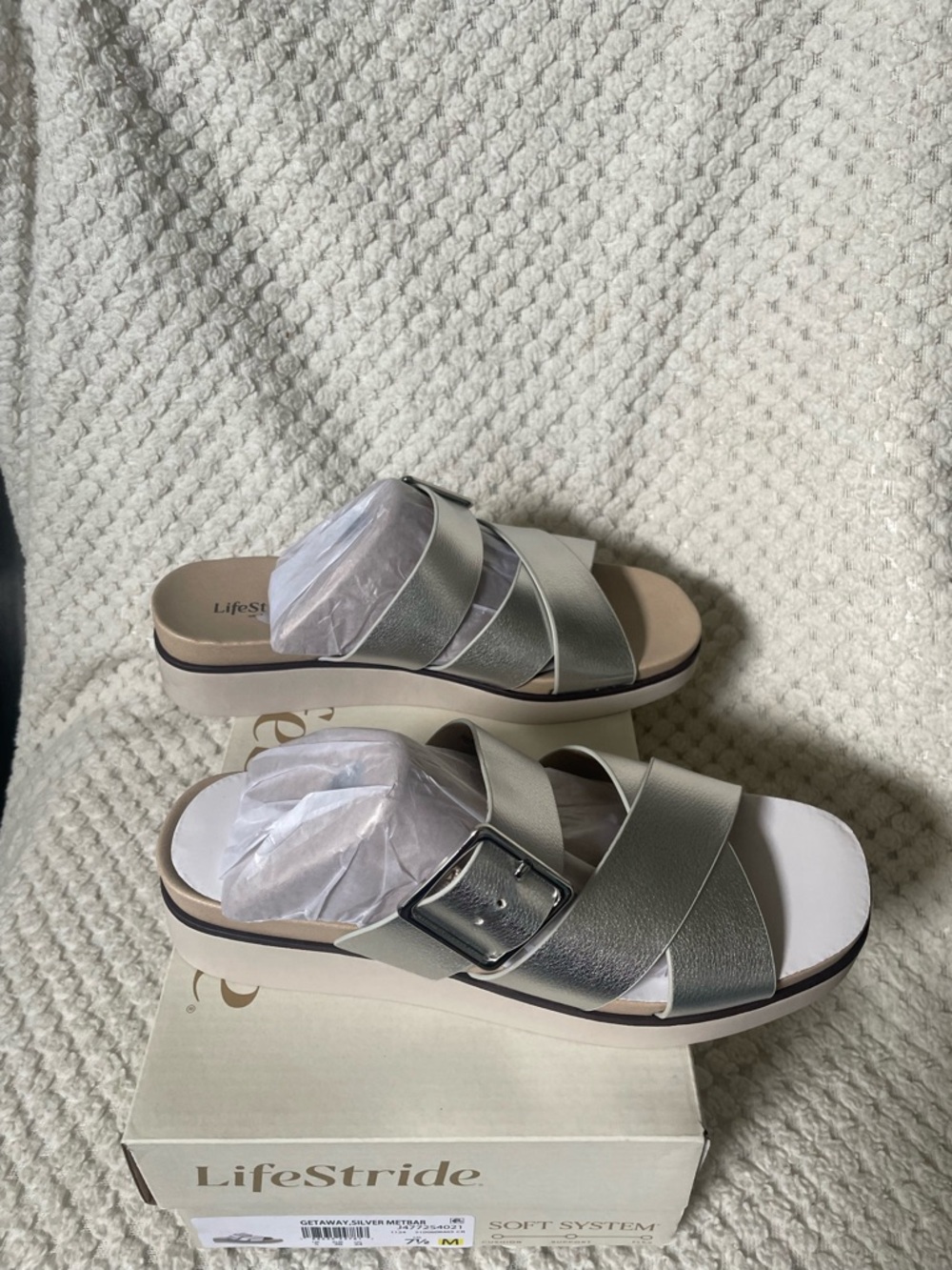 Life Stride Metallic Silver Buckle Slide Sandals